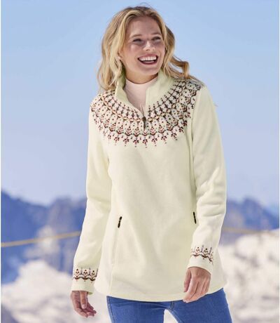 Women's Half Zip Patterned Microfleece Sweater - Off-White 