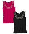 Women's Pack of 2 Black and Pink Jewelry Print Tank Tops Atlas For Men