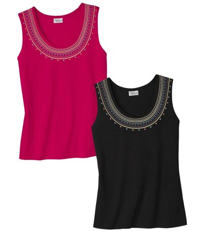 Women's Pack of 2 Jewellery Print Tank Tops - Black Pink
