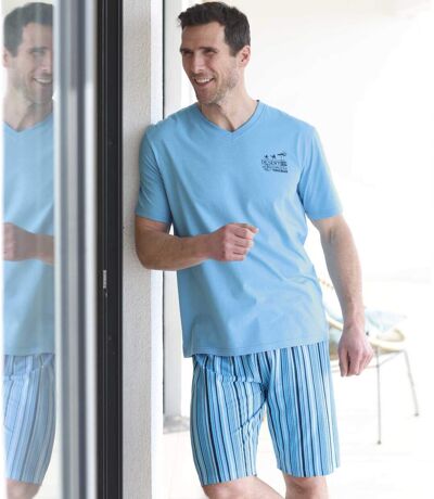 Men's Blue Pajama Short Set 