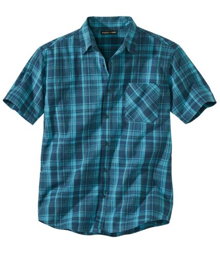 Men's Stretch Green Checked Shirt - Short-Sleeved