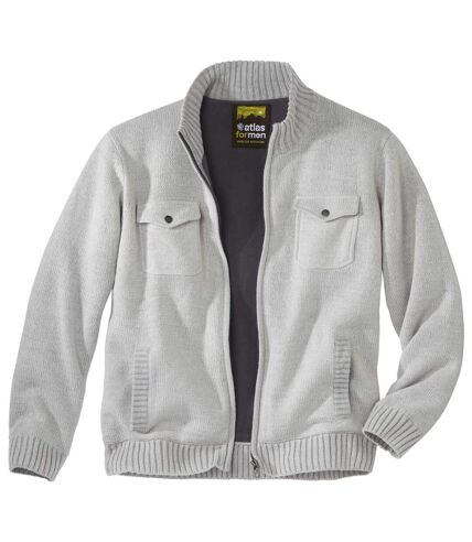 Men's Beige Multi-Pocket Knitted Jacket - Full Zip 