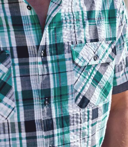 Men's Waffle Cotton Checked Shirt - Green Navy