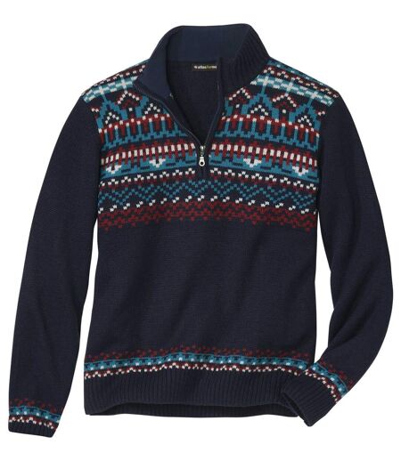 Men's Navy Patterned Half Zip Sweater