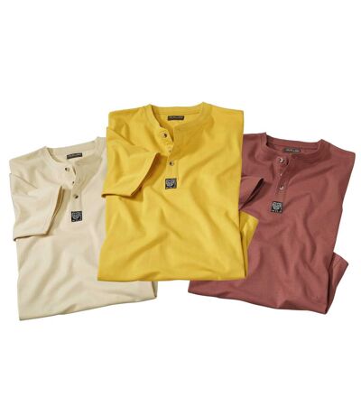 Pack of 3 Men's Essential Button-Neck T-Shirts - Yellow, Ecru, Brick