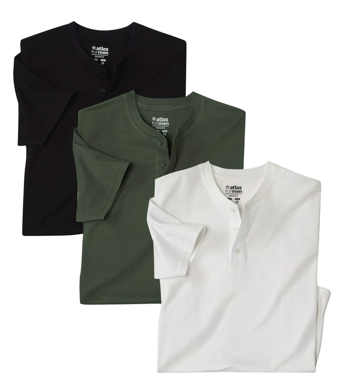 Pack of 3 Men's Plain Henley T-Shirts - Khaki White Black-1