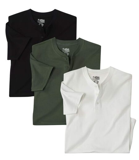 Pack of 3 Men's Plain Henley T-Shirts - Khaki White Black