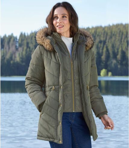 Women's Khaki Padded Jacket with Hood  