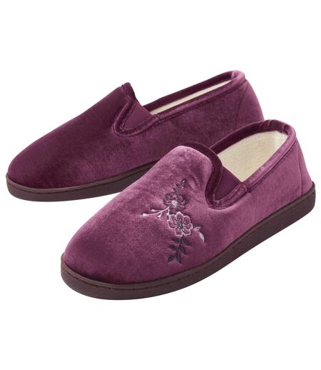Women's Purple Embroidered Velour Slippers 