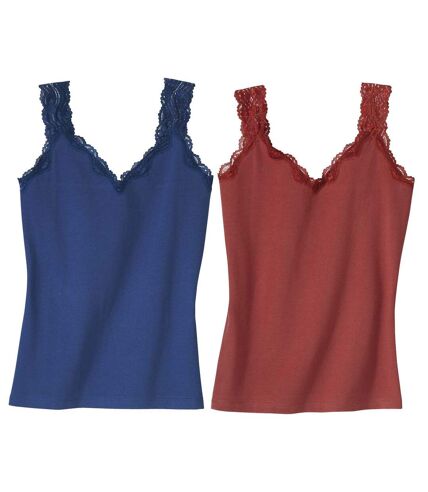 Pack of 2 Women's Stretch Lace Vest Tops - Blue Terracotta