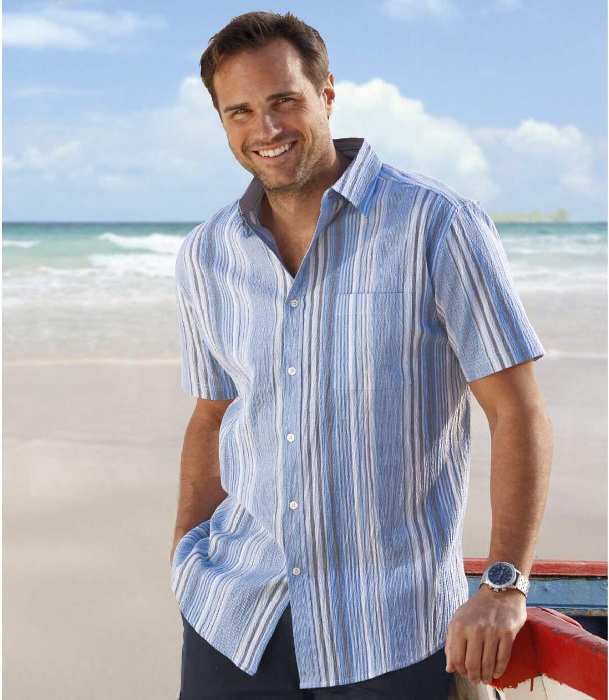 Men's Blue Striped Crepe Shirt - Short Sleeves Atlas For Men