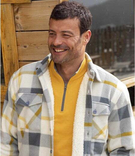 Men's Sherpa-Lined Fleece Overshirt - Ecru Grey Yellow