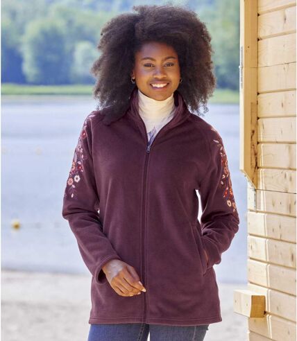 Women's Embroidered Burgundy Fleece Jacket - Full Zip