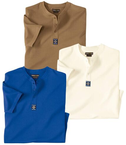 Pack of 3 Men's Henley-Neck T-Shirts - Blue Ecru Brown  