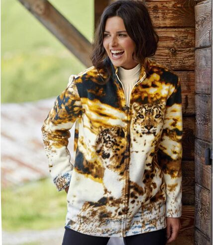Women's Panther Print Full Zip Fleece Jacket - Brown Ecru