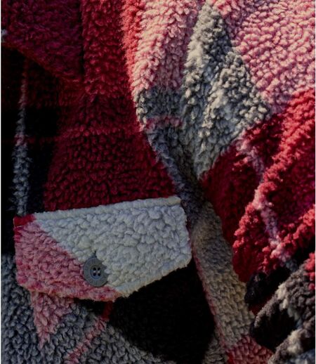 Men's Checked Sherpa Jacket - Burgundy Grey