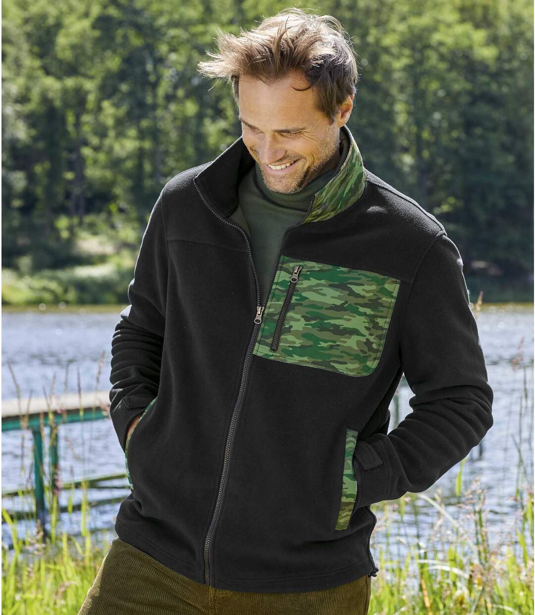 Men's Black Camouflage Fleece Jacket - Full Zip Atlas For Men