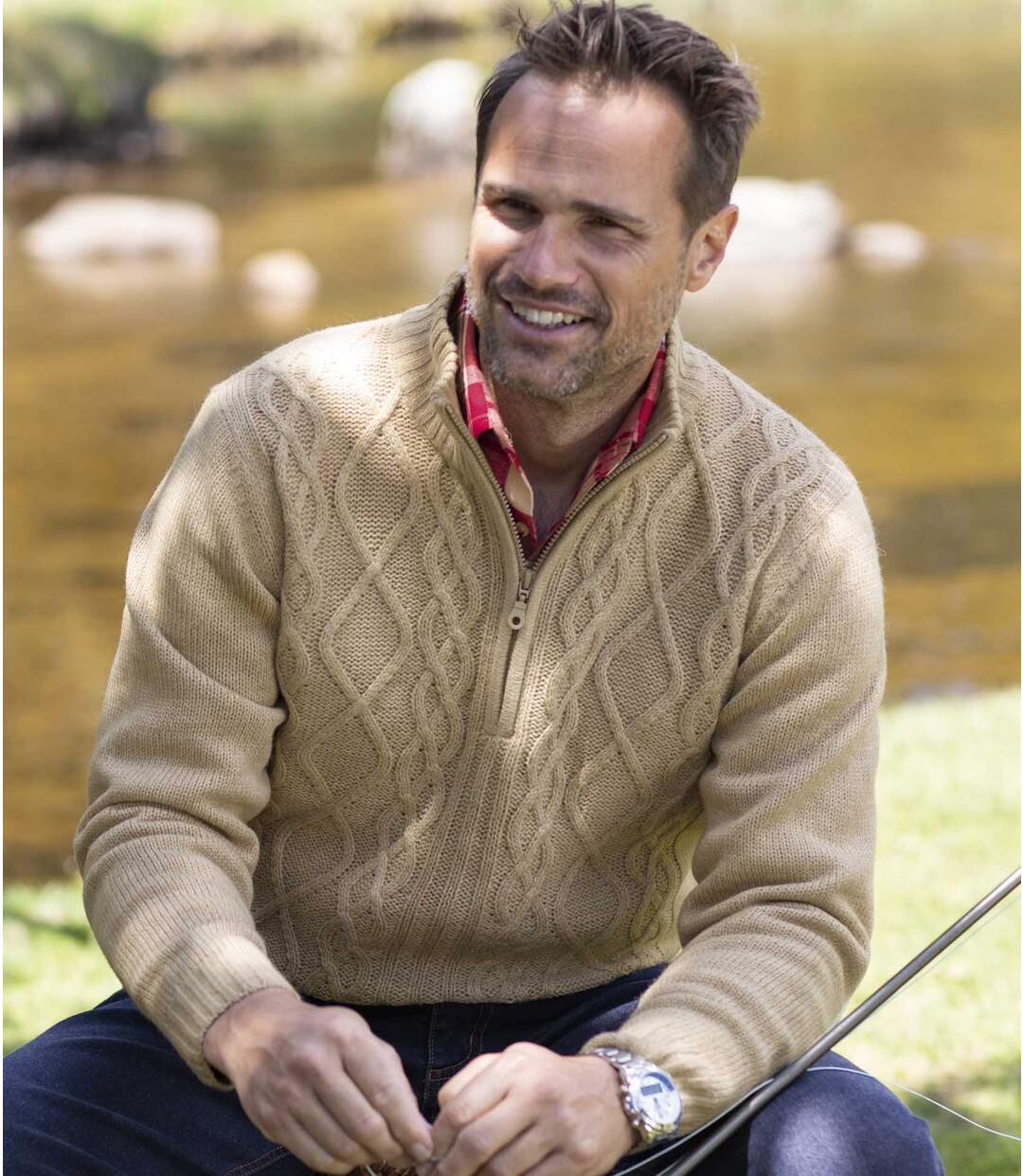 Mens Beige Half Zip Cable Knit Sweater Atlas For Men