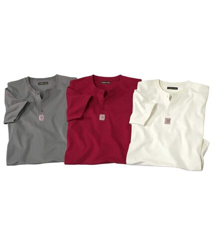 Pack of 3 Men's Button-Neck T-Shirts  - Red, White, Gray