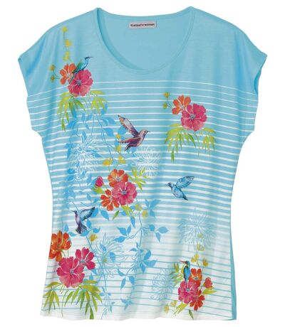 Gestreept T-shirt met bloemen en kolibries