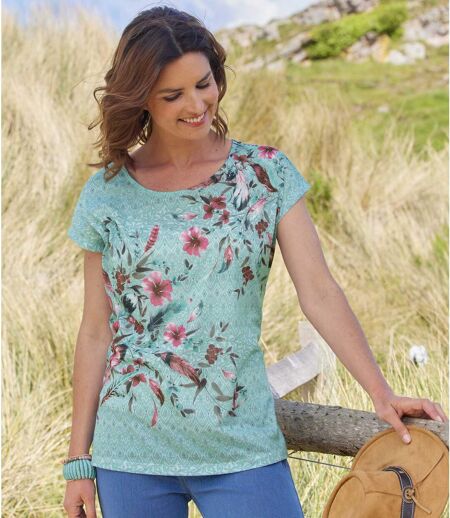 Women's Green-Blue Floral T-Shirt 