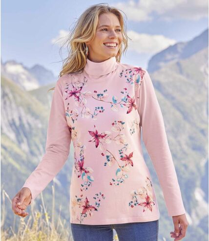 Women's Floral Print Roll-Neck Top - Pink 