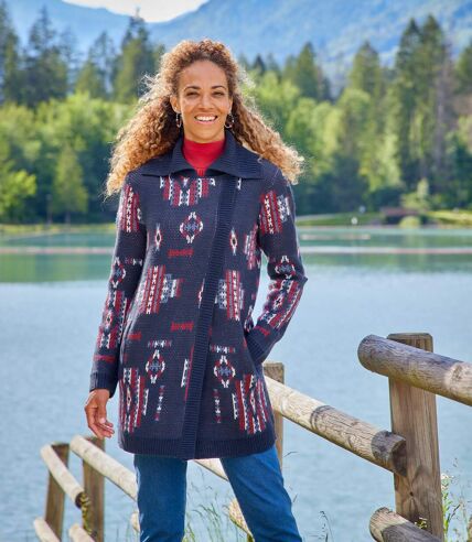 Women's Patterned Longline Knitted Jacket - Navy