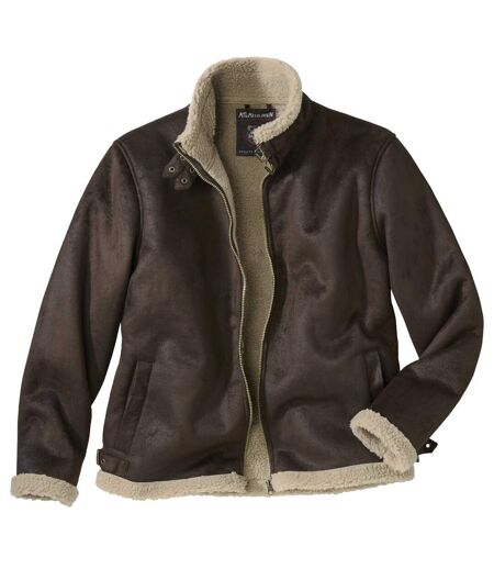 Men's Dark Brown Sherpa-Lined Faux-Suede Jacket - Full Zip