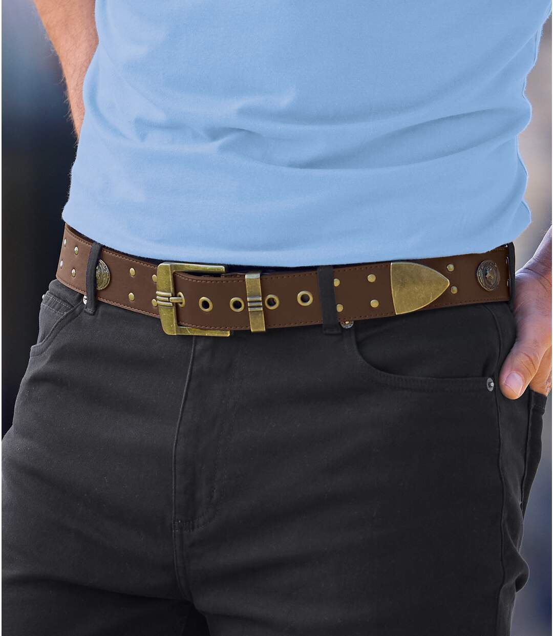 Men's Brown Split Leather Studded Belt-2