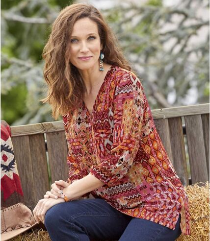 Women's Patchwork Impression Top with Three-Quarter Sleeves