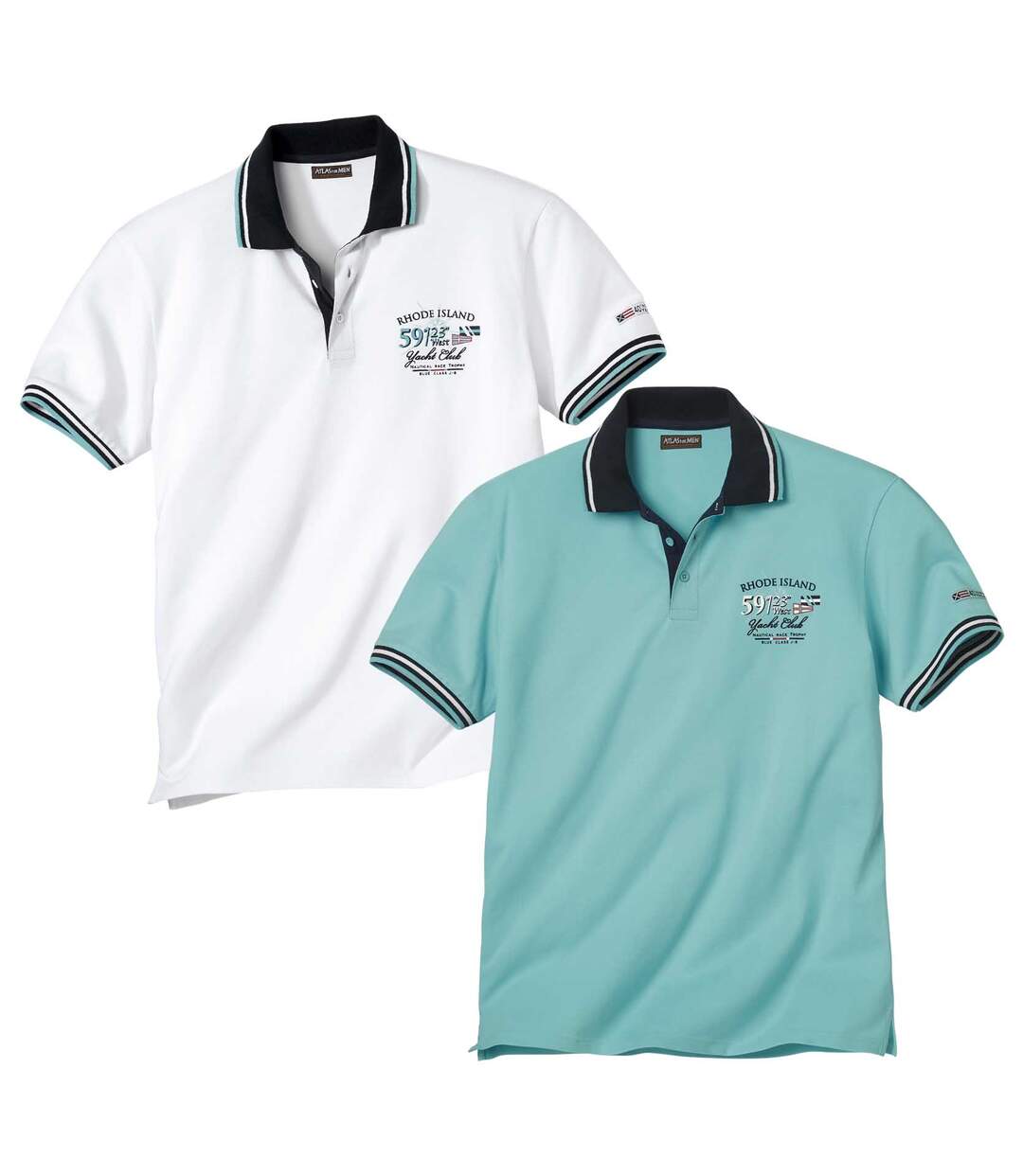 Pack of 2 Men's Nautical Short Sleeve Polo Shirts - Turquoise White Atlas For Men