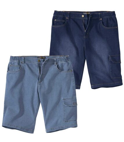 Pack of 2 Men's Stretch Denim Cargo Shorts - Faded Light and Dark Blue