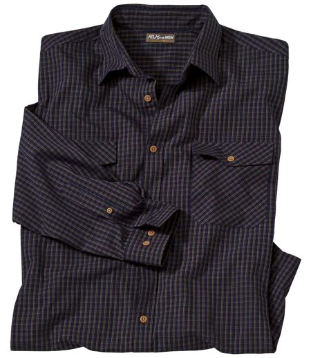 Men's Navy Poplin Shirt with Fine Checks - Long Sleeves