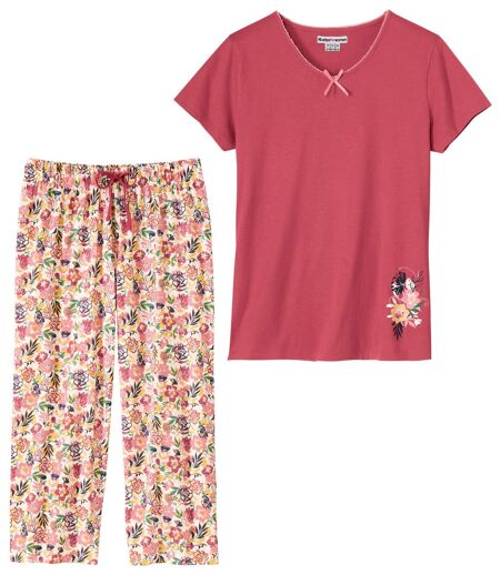 Women's Floral Cotton Pyjamas - Pink Ecru