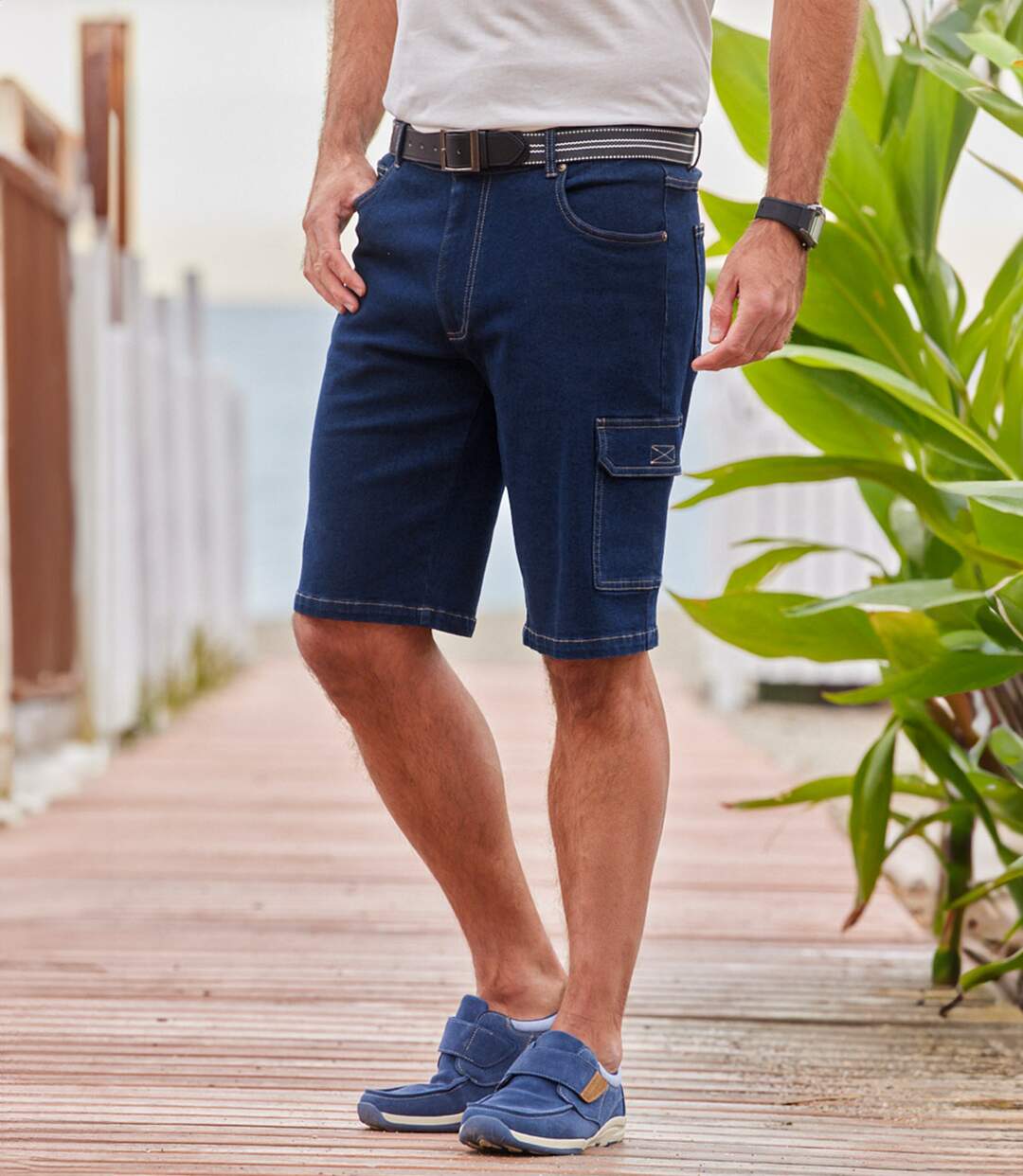 Bermuda cargo en jean homme - bleu