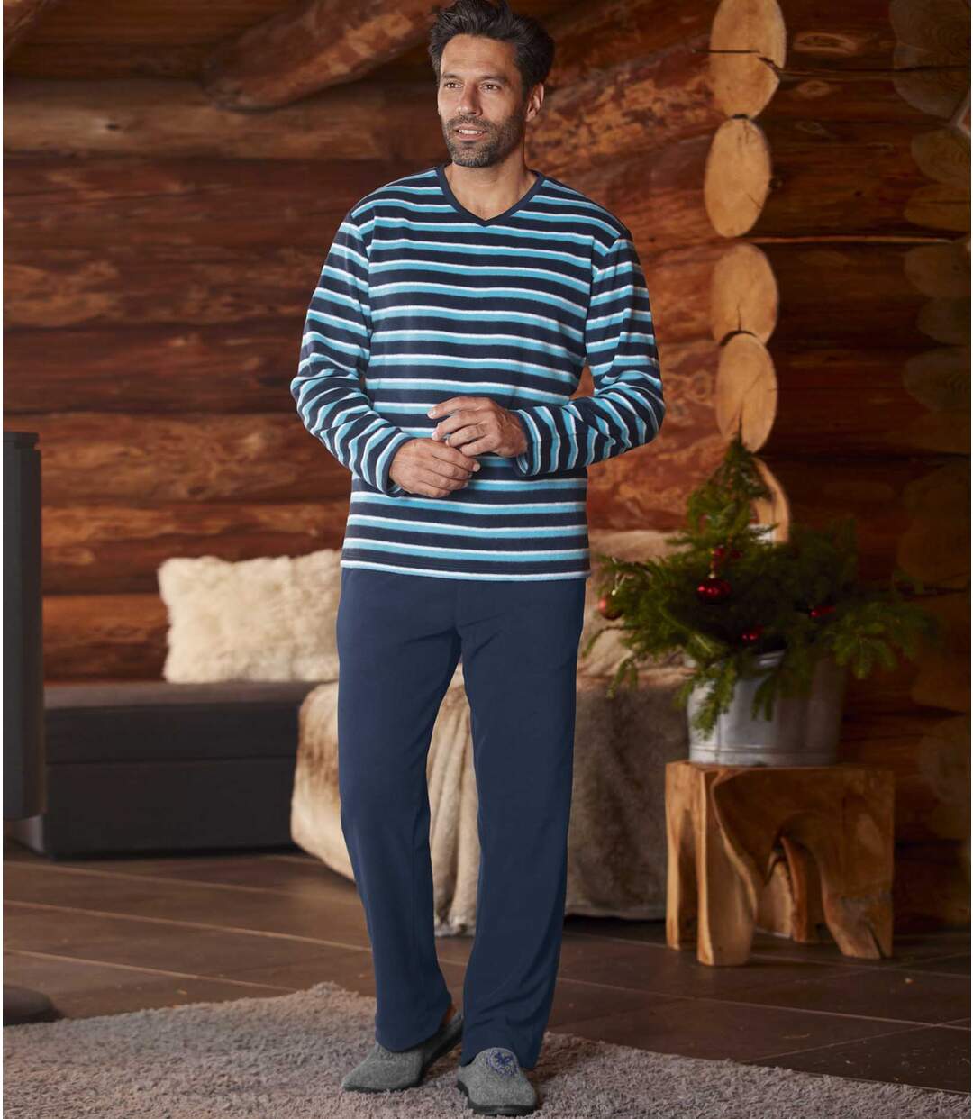 Blauwe microfleece pyjama met strepen-2