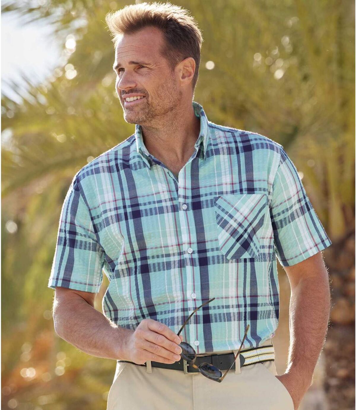 Men's Checked Waffle Shirt - Light Turquoise Atlas For Men