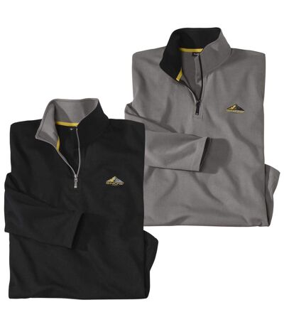 Pack of 2 Men's Half Zip Cotton Tops - Black Grey