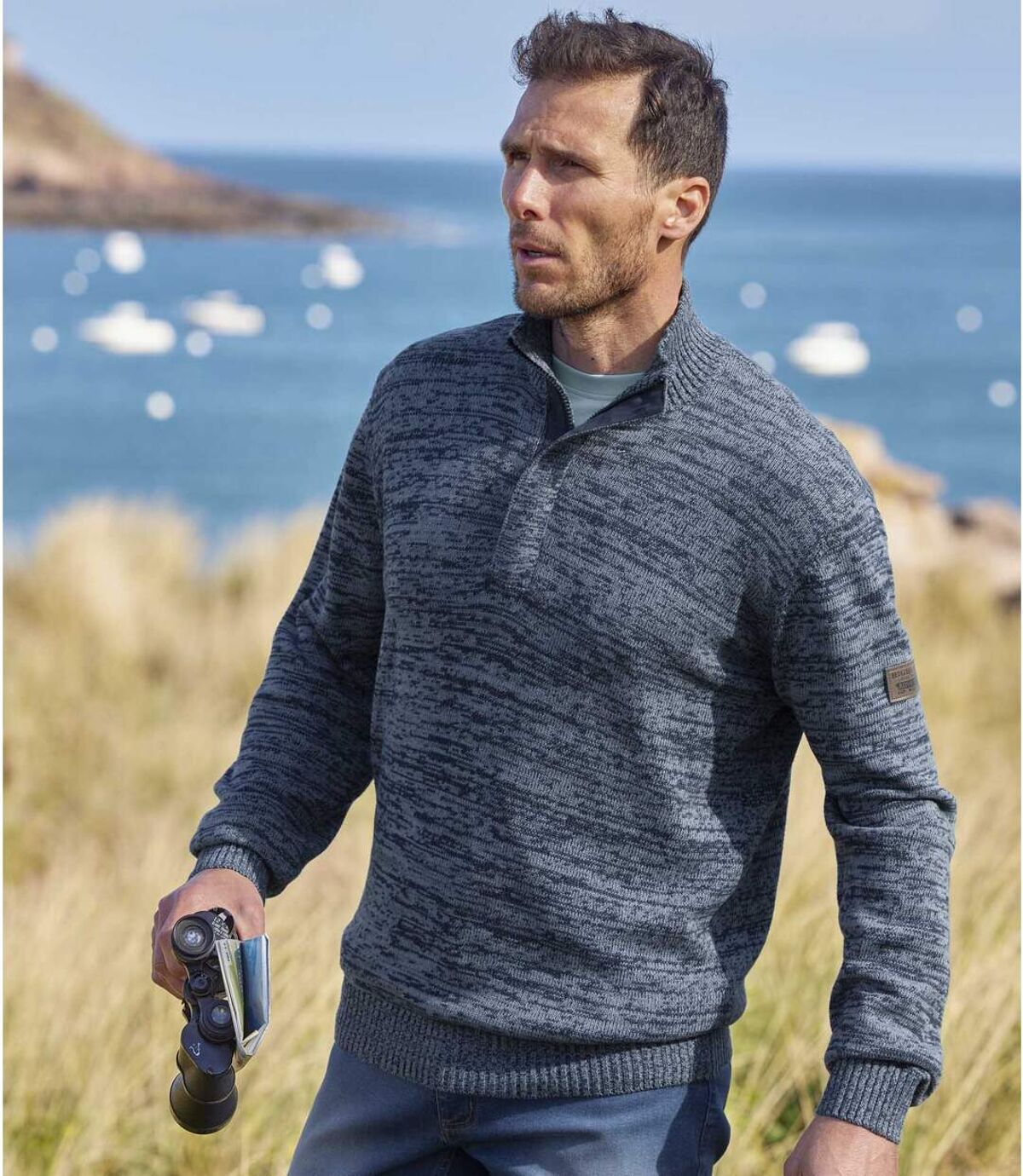Men's Mottled Blue Half Zip Knit Sweater  Atlas For Men