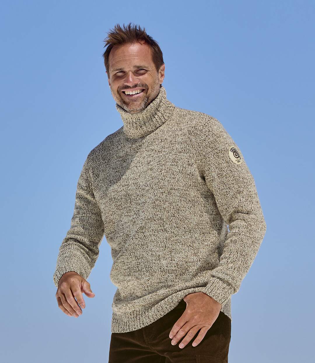 Men's Beige Marled Knit Roll-Neck Jumper-4