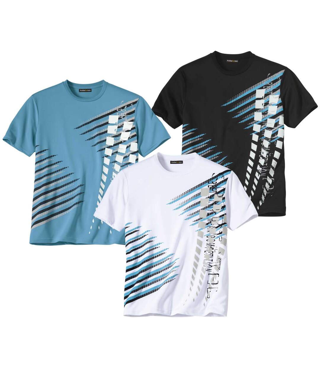 Men's Pack of 3 Men's Graphic T-Shirts - Blue White Black Atlas For Men