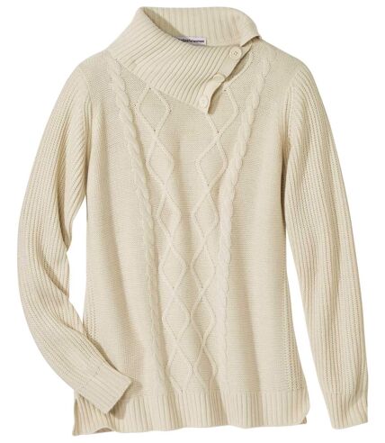 Women's Beige Button-Collar Sweater 