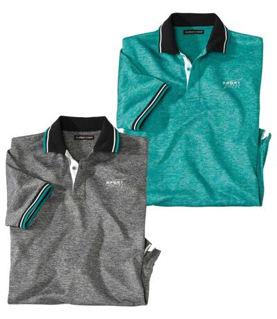 Pack of 2 Men's Sporty Polo Shirts - Mottled Grey Emerald