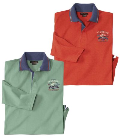 Pack of 2 Men's Long Sleeve Polo Shirts - Green Orange 