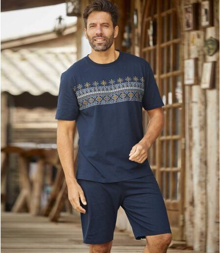 Men's Navy Patterned Short Pyjama Set