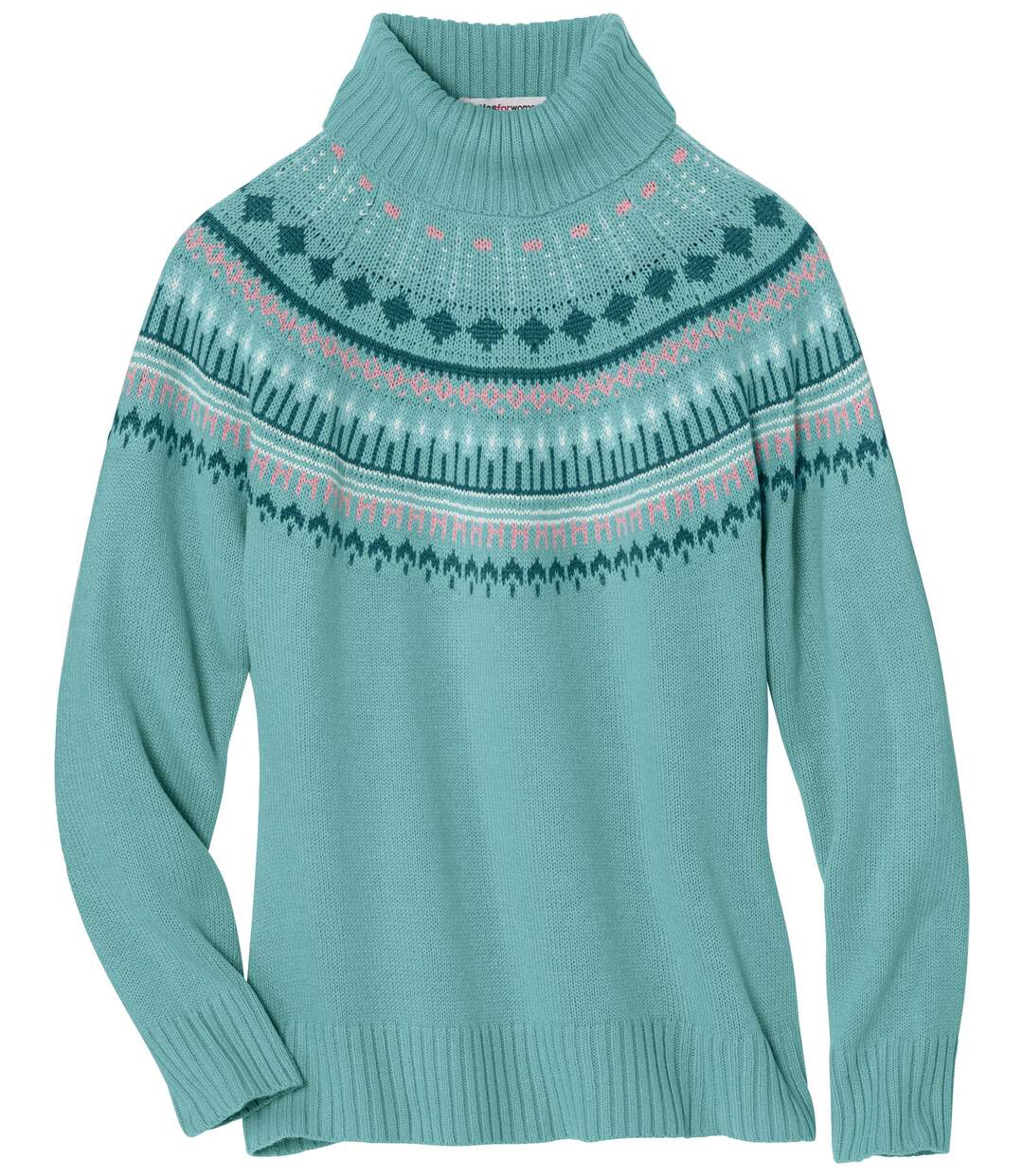 Women's Turquoise Patterned Turtleneck Jumper-3