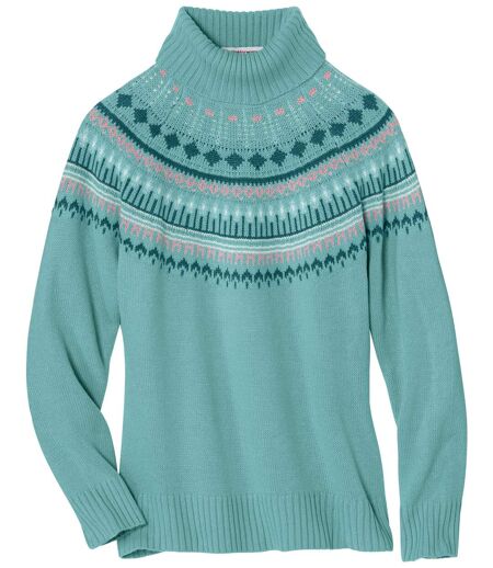 Women's Turquoise Patterned Turtleneck Jumper 