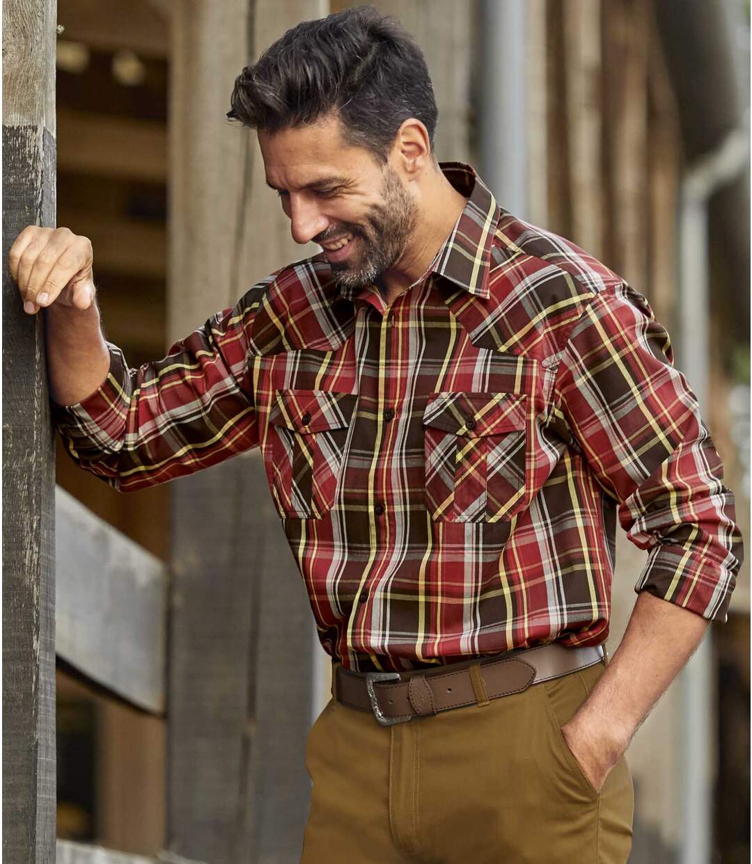 Men's Red & Brown Poplin Checked Shirt Atlas For Men