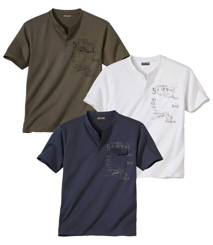 Pack of 3 Men's Button Neck T-Shirts - Khaki Navy White
