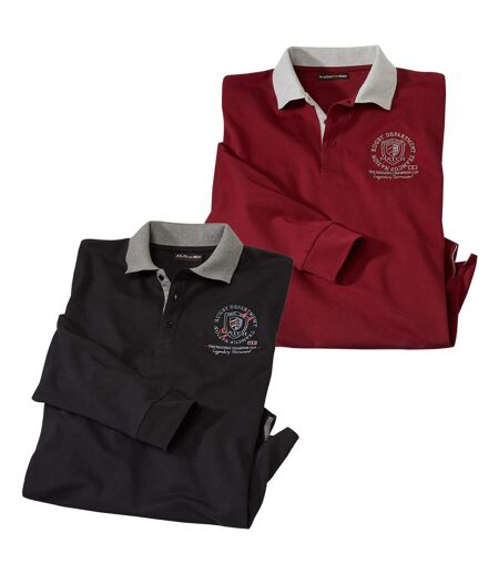 Pack of 2 Men's Classic Long Sleeve Polo Shirts - Black Burgundy
